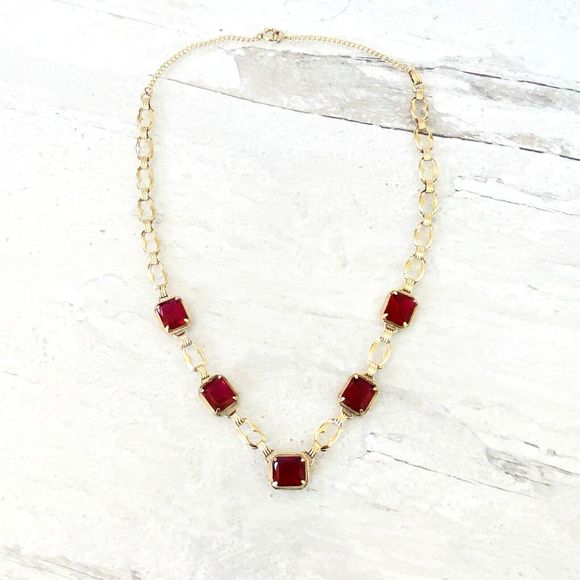 Harry S Bick Ruby Glass Gold Filled Necklace 20 In Vintage Signed Stunner - Picture 3 of 11